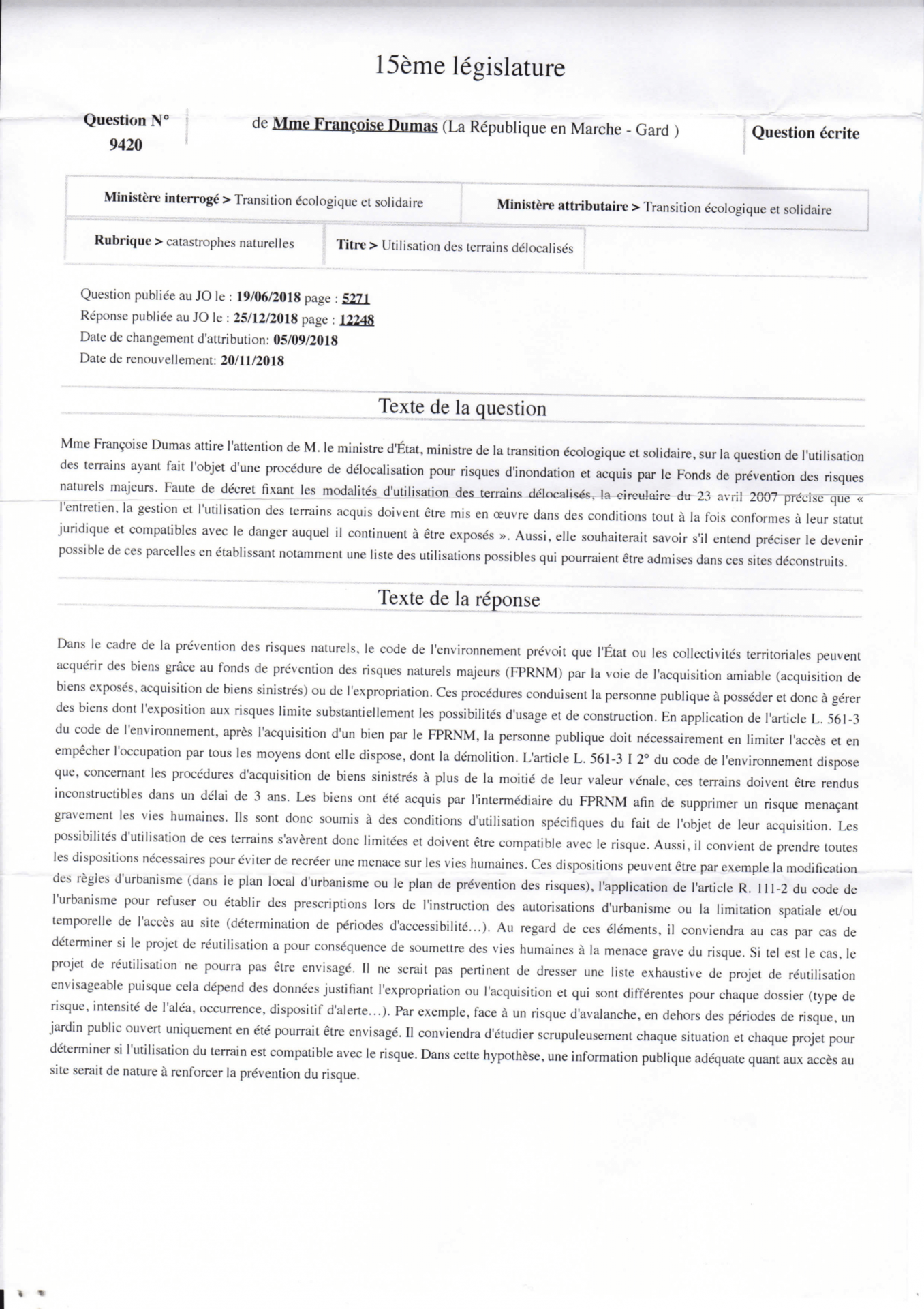 Reponse ministre de la transition ecologique et solidaire 2